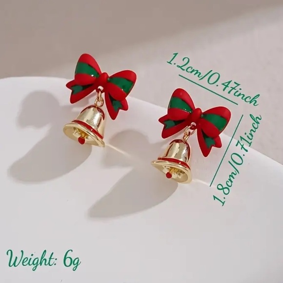 Christmas Festive Red and Green Bow 925 Sterling Silver Earrings with Gold Bells - Picture 3 of 6